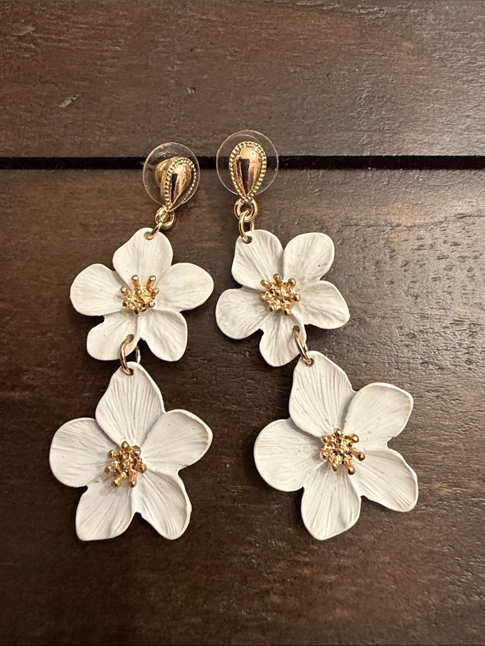Gold & White Floral Drop Earrings - Women Jewelry